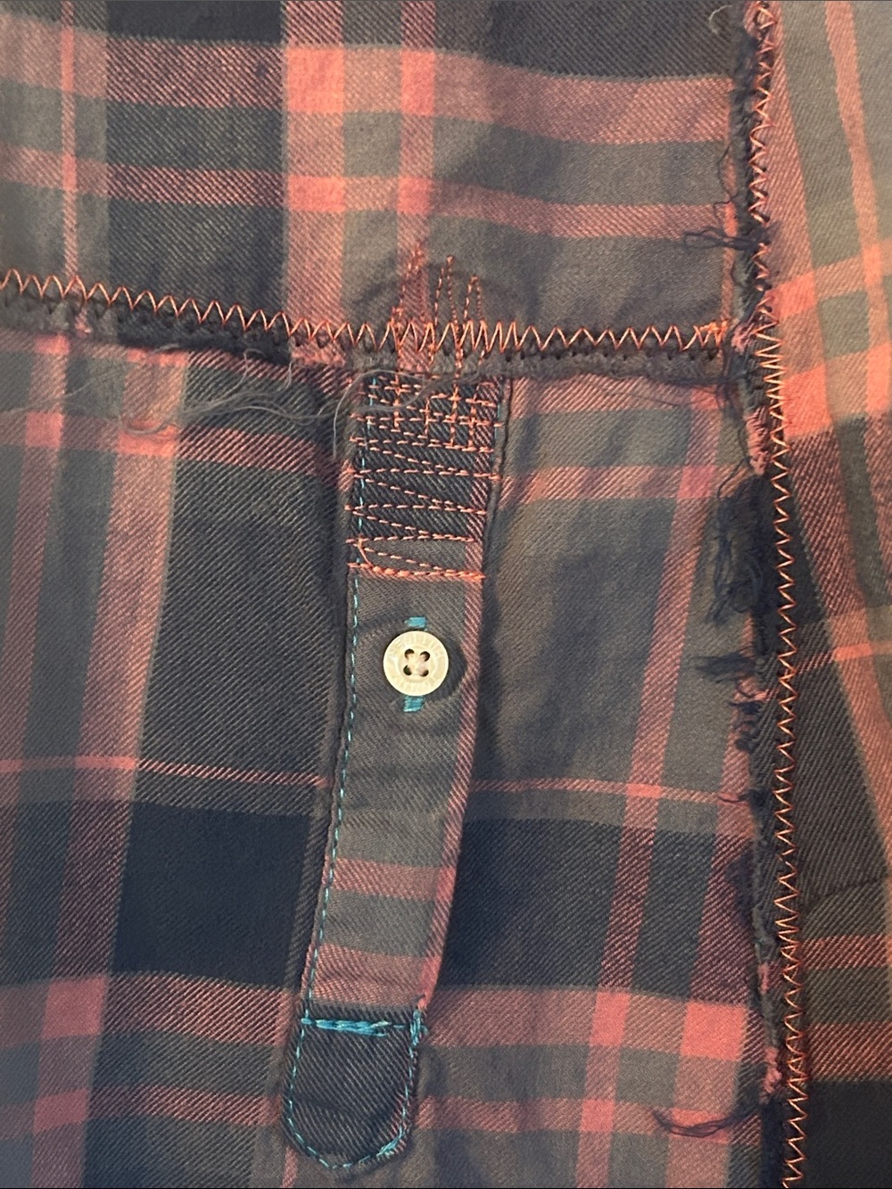 Upcycled coral denim and plaid button shirt skirt - Picture 5 of 8